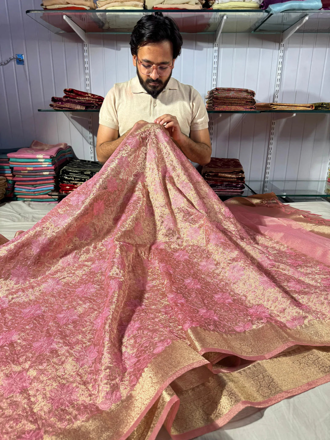 premium banarasi tissue saree with rich chikankari work yet lightweight