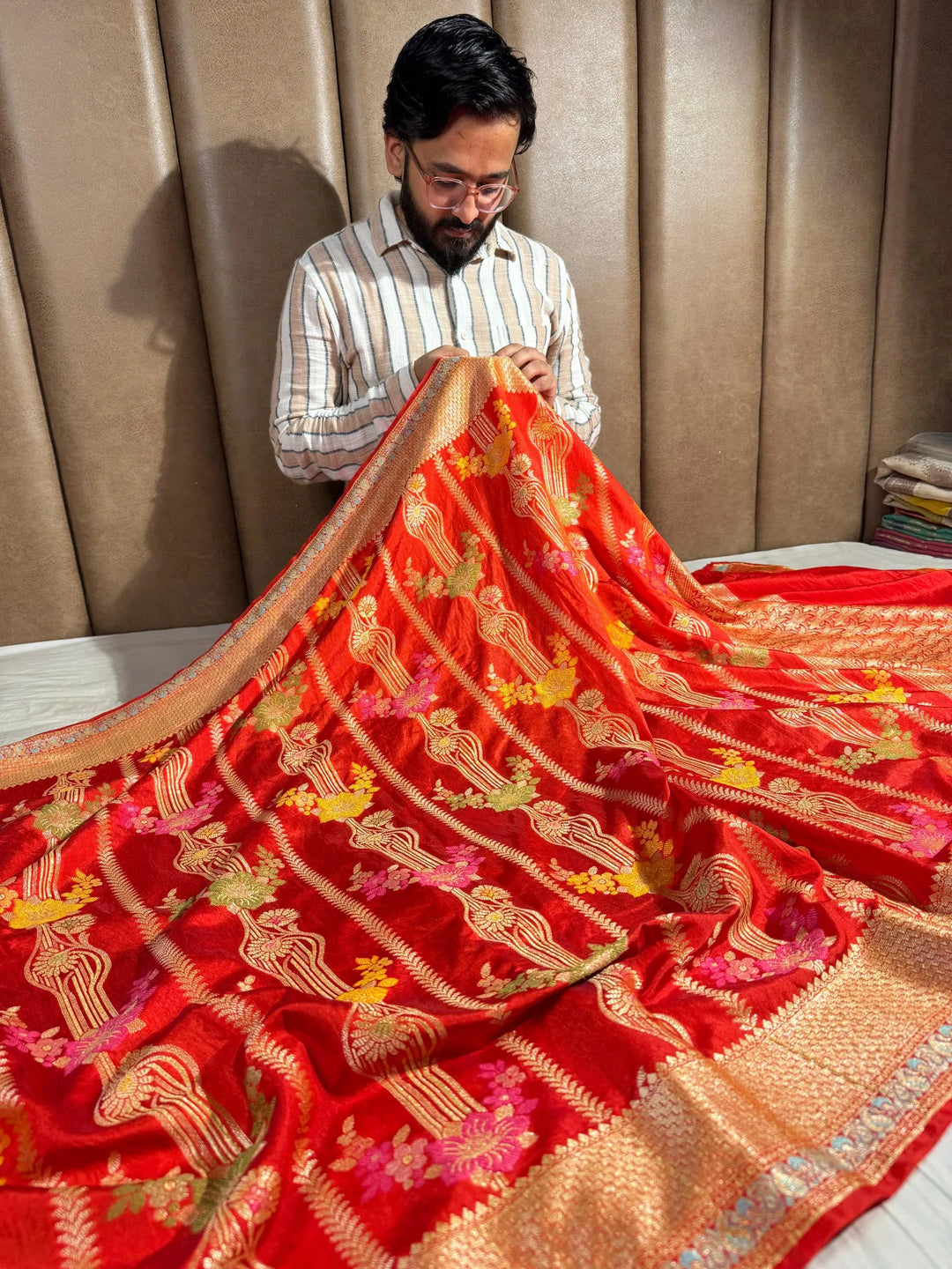 Orange banarasi warm silk saree with exclusive heritage design pattern and rich pallu