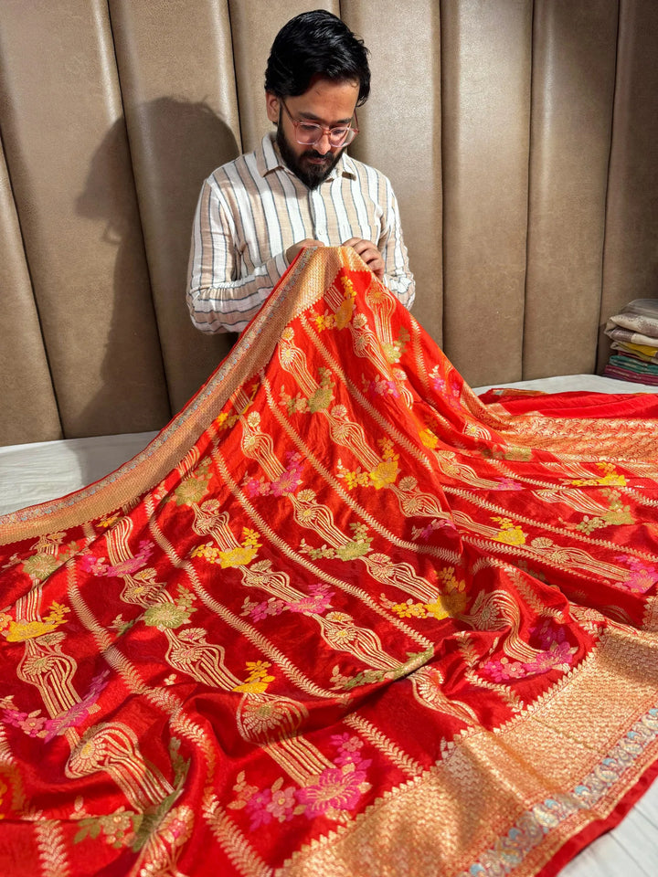 Orange banarasi warm silk saree with exclusive heritage design pattern and rich pallu