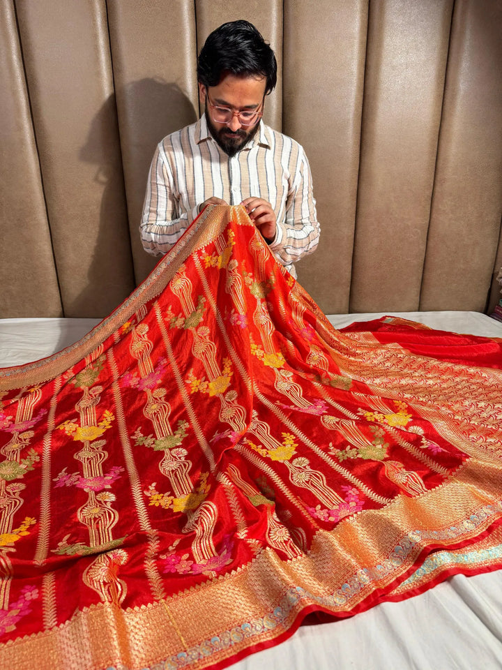 Orange banarasi warm silk saree with exclusive heritage design pattern and rich pallu