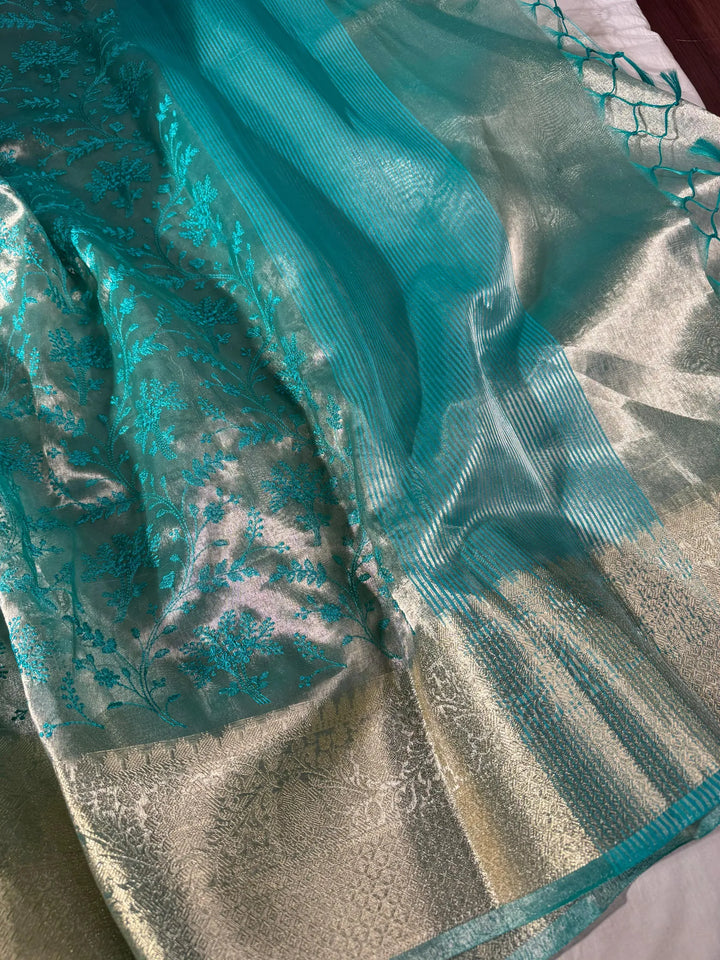 premium sea graan banarasi tissue saree with rich chikankari work