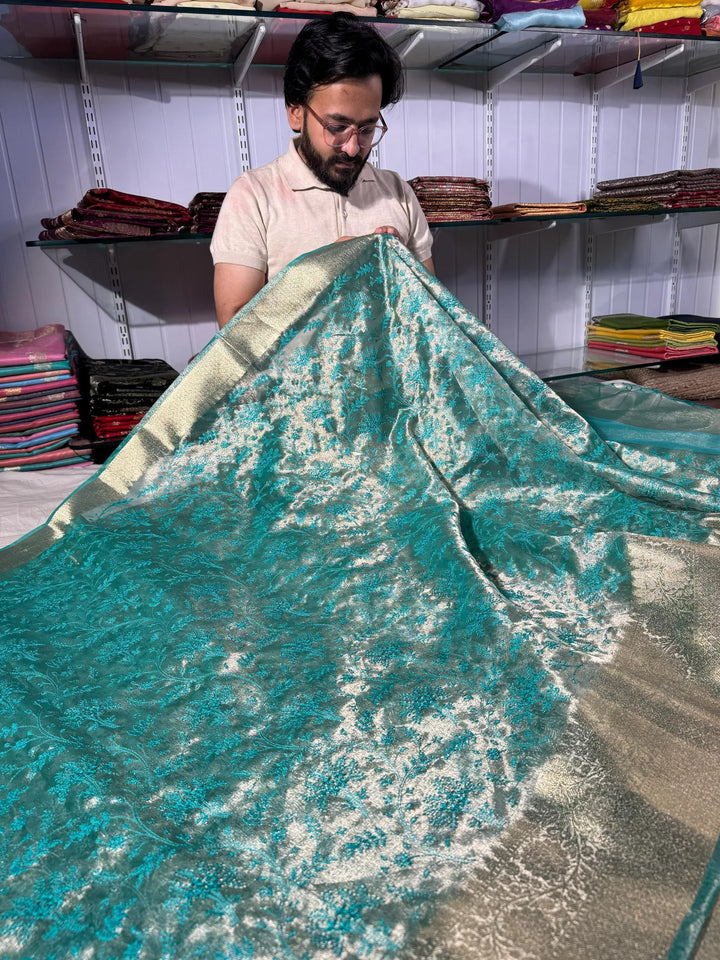 premium sea graan banarasi tissue saree with rich chikankari work