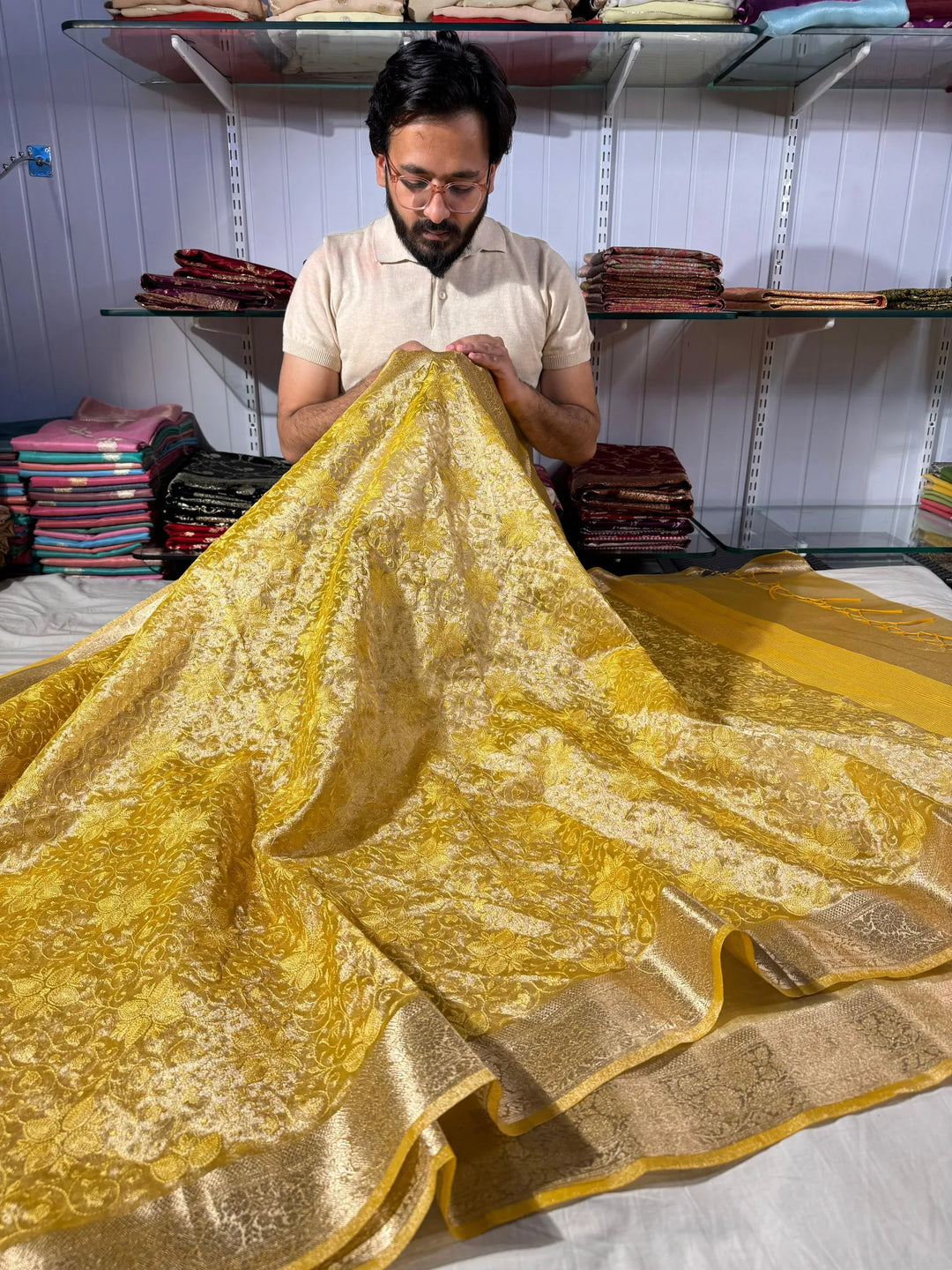 premium yellow banarasi tissue saree with rich chikankari work yet lightweight