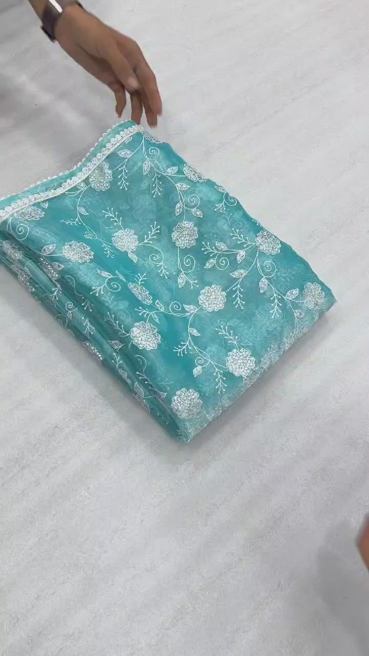 Premium Light Blue Jimmy Chu Chikankari Saree