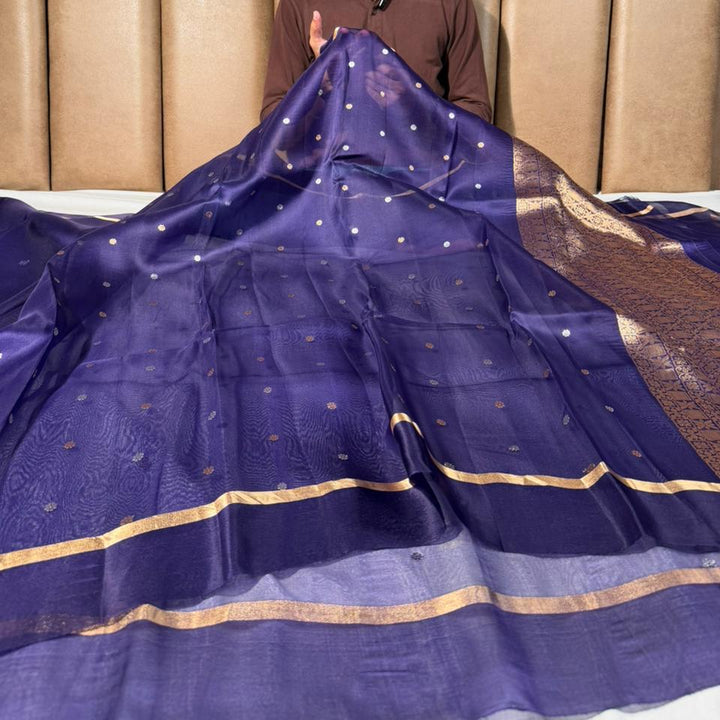 Handwoven Pure Organza Silk Purple Banarasi Saree