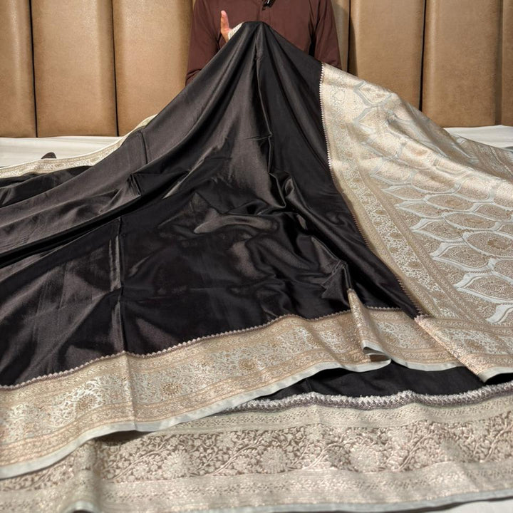 Shiny Black Mashru Katan Silk Banarasi Saree