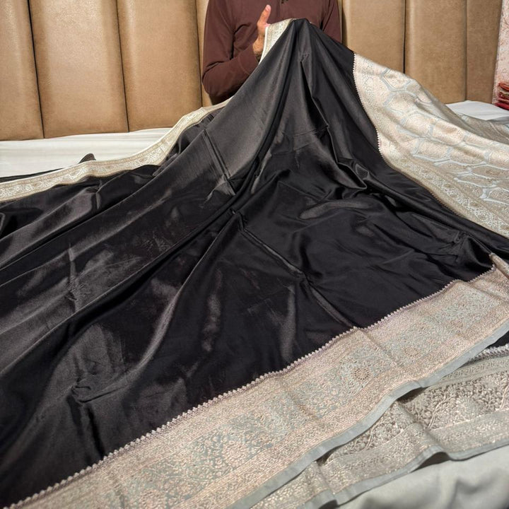 Shiny Black Mashru Katan Silk Banarasi Saree