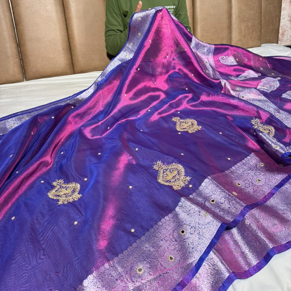 Rare Baigani Kora Tissue Handwork Banarasi Saree