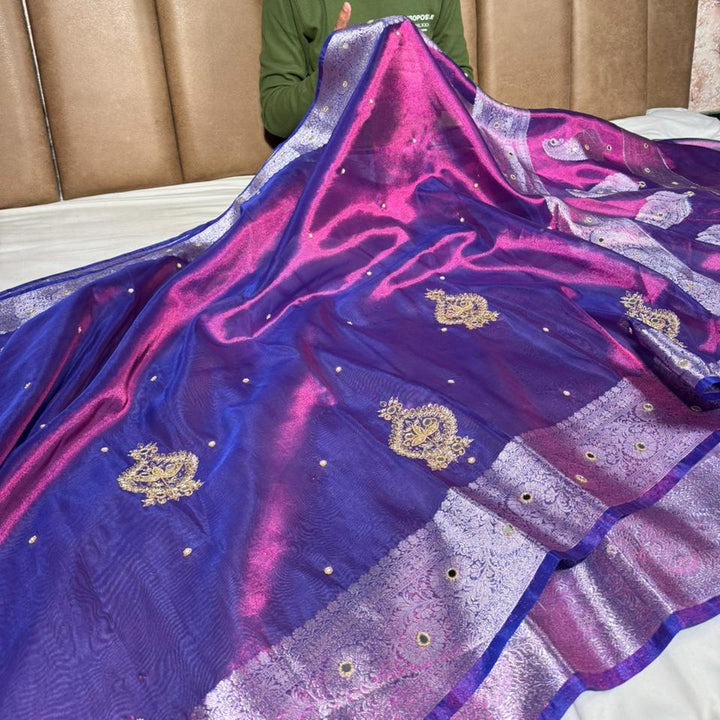 Rare Baigani Kora Tissue Handwork Banarasi Saree