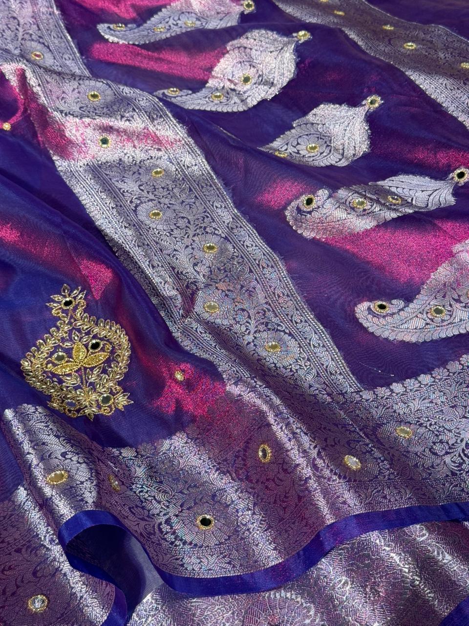 Rare Baigani Kora Tissue Handwork Banarasi Saree