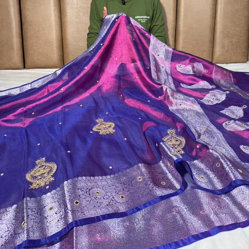 Rare Baigani Kora Tissue Handwork Banarasi Saree