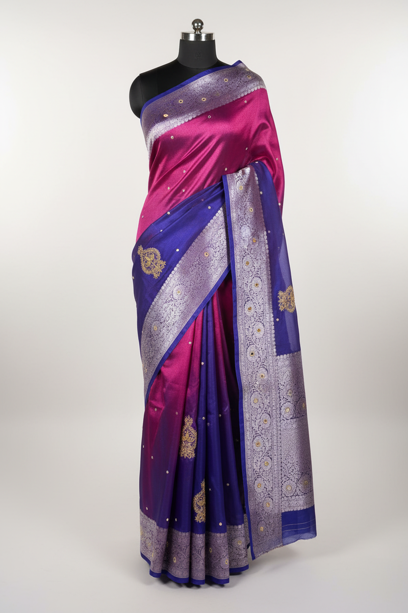 Rare Baigani Kora Tissue Handwork Banarasi Saree