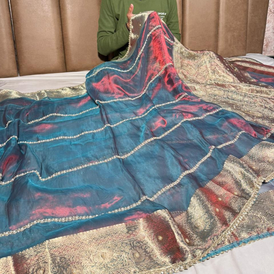 German Blue Pure Tissue Pearl Handwork Saree