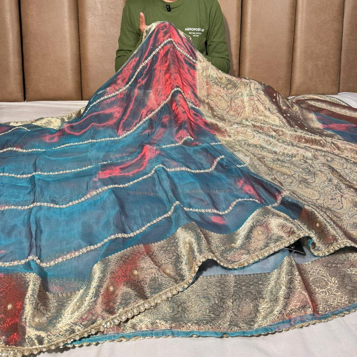German Blue Pure Tissue Pearl Handwork Saree