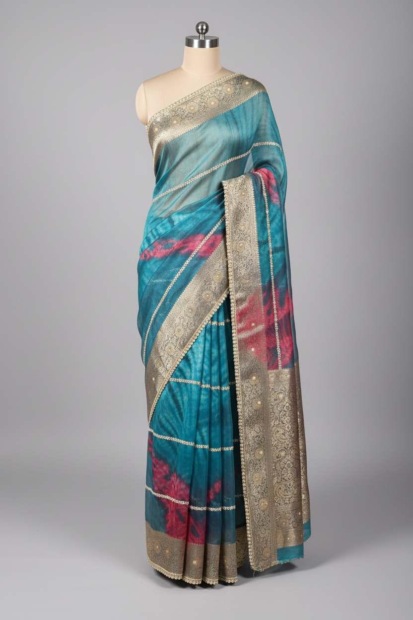 German Blue Pure Tissue Pearl Handwork Saree