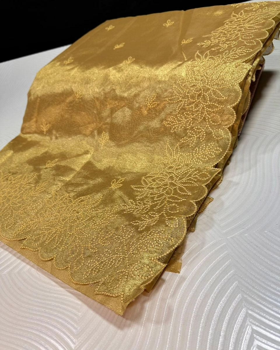 Premium Gold Tissue Silk Saree with Katha stich work and cutwork