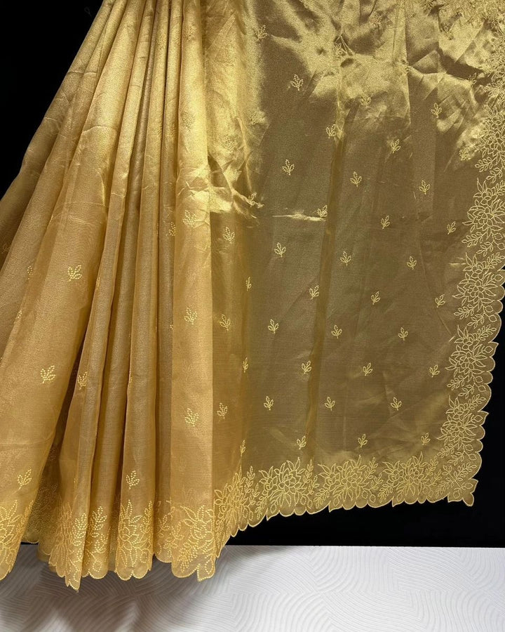 Premium Gold Tissue Silk Saree with Katha stich work and cutwork