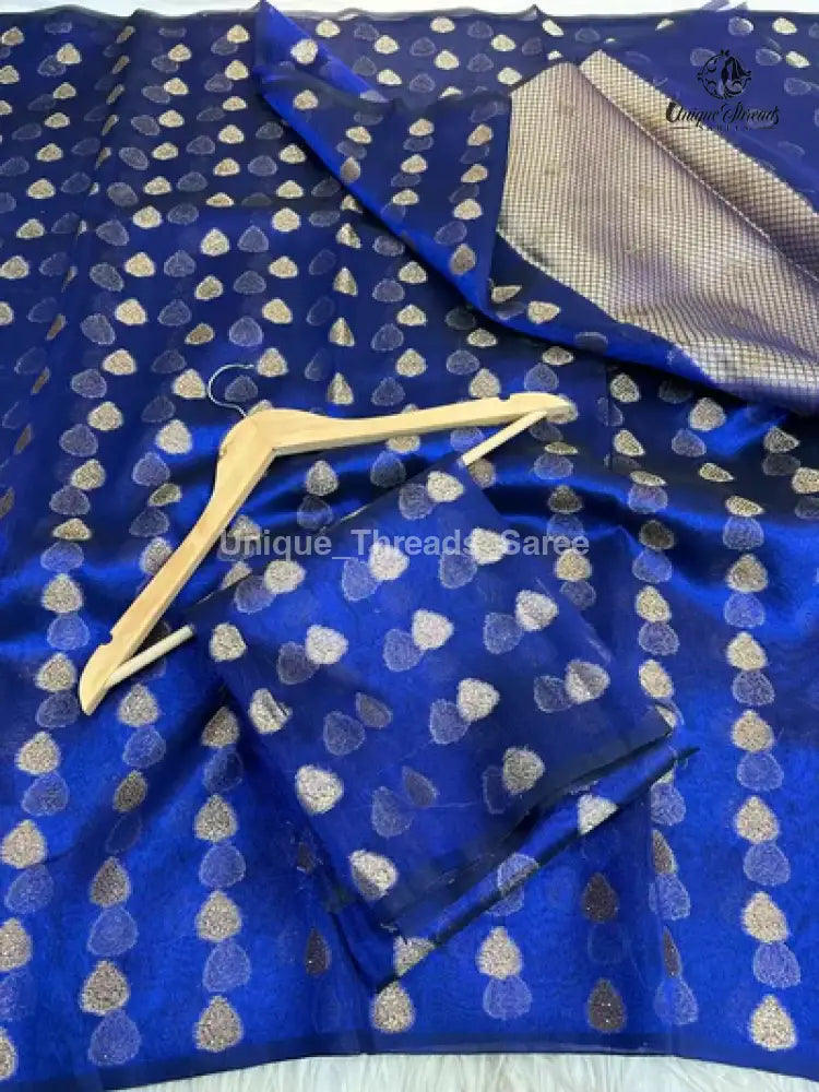 Royal Blue Glass Tissue Saree With Stones Embedded