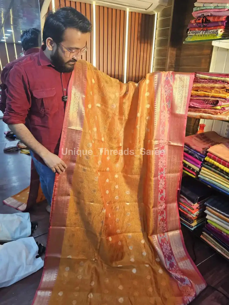 Rust Orange Crush Tissue Silk Banarasi Saree