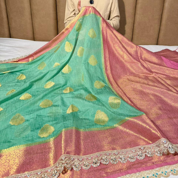 Mint Green Matka Silk Pearl Gota Designer Saree