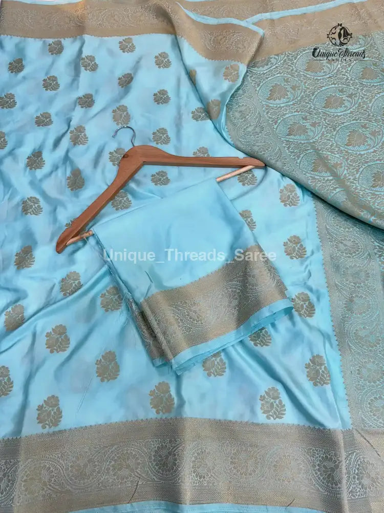 Sky Blue Mashru Katan Zari Buta Banarasi Saree