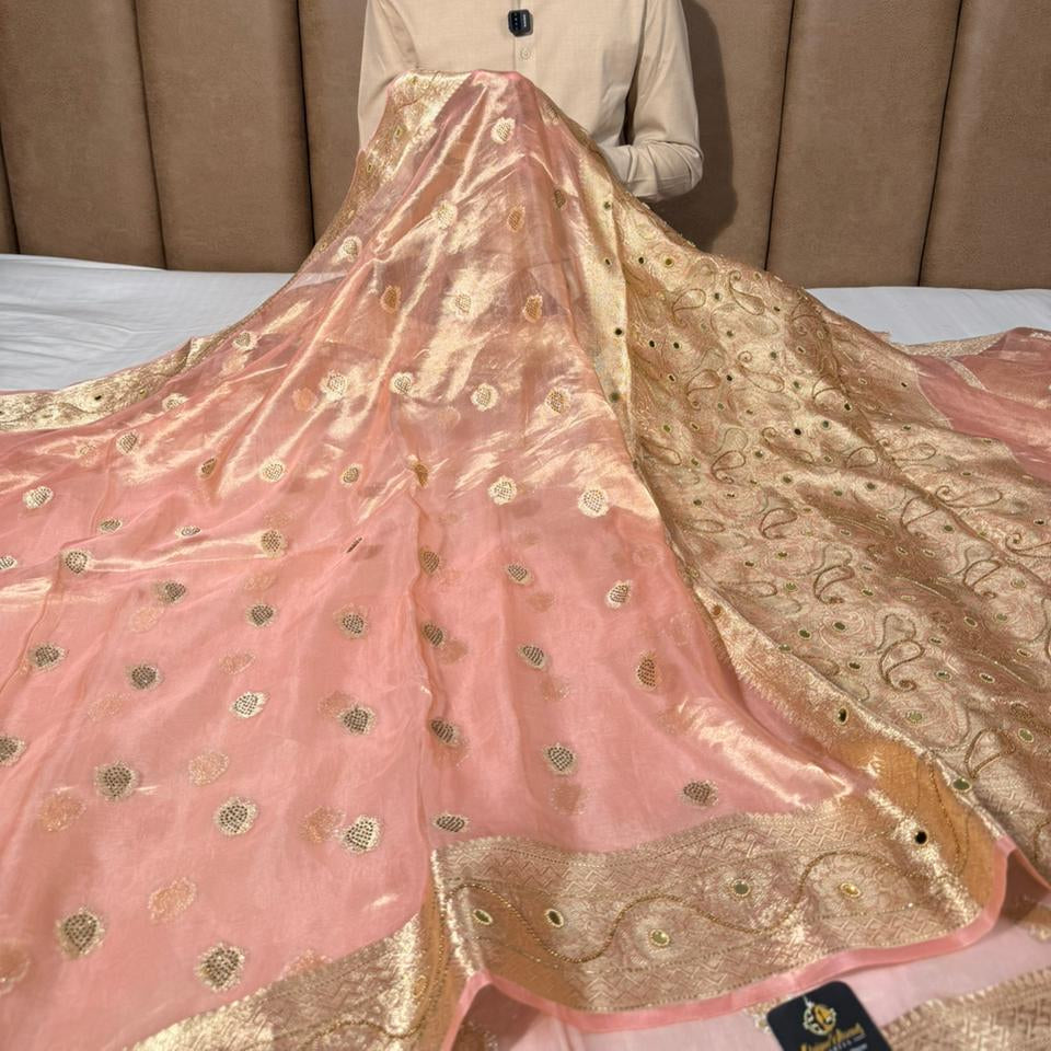 Metallic Peach Pure Tissue Silk Handwork saree 