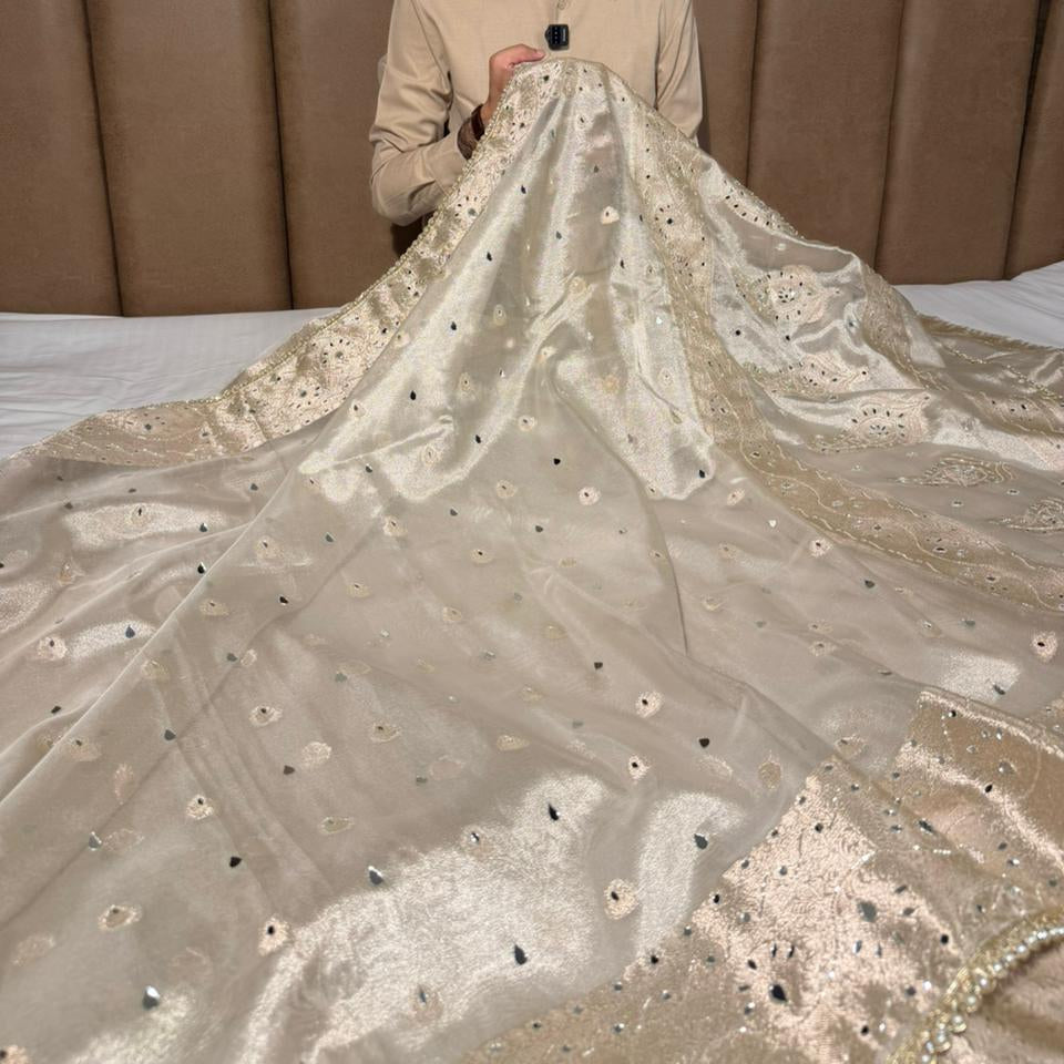 Majestic Mirror Work Kora Tissue Banarasi Saree 