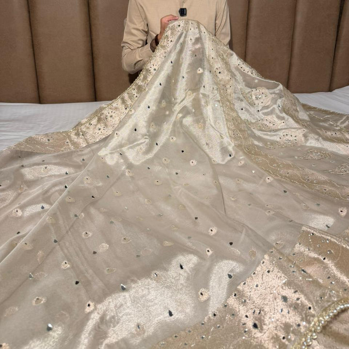 Majestic Mirror Work Kora Tissue Banarasi Saree 
