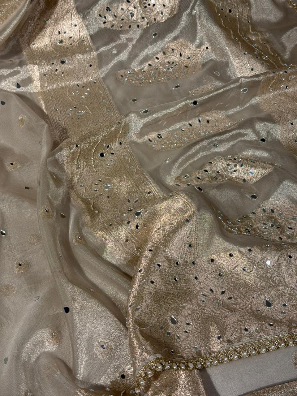 Majestic Mirror Work Kora Tissue Banarasi Saree