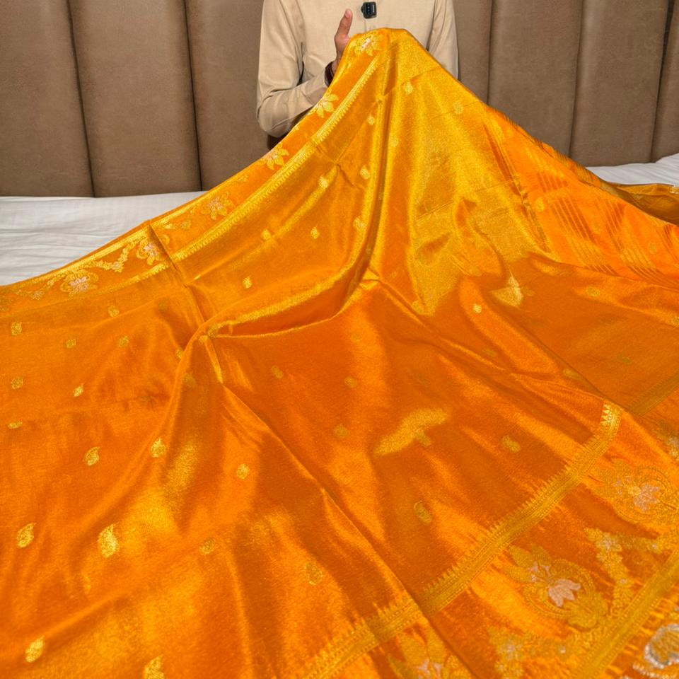 Metallic Orange Breathable Soft Tissue Banarasi Saree