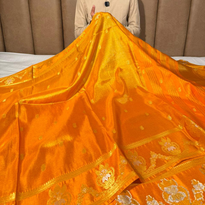 Metallic Orange Breathable Soft Tissue Banarasi Saree