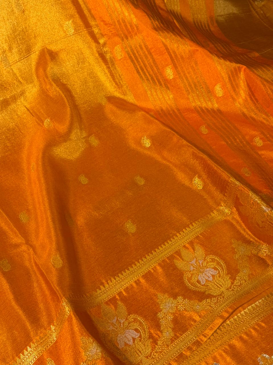 Metallic Orange Breathable Soft Tissue Banarasi Saree