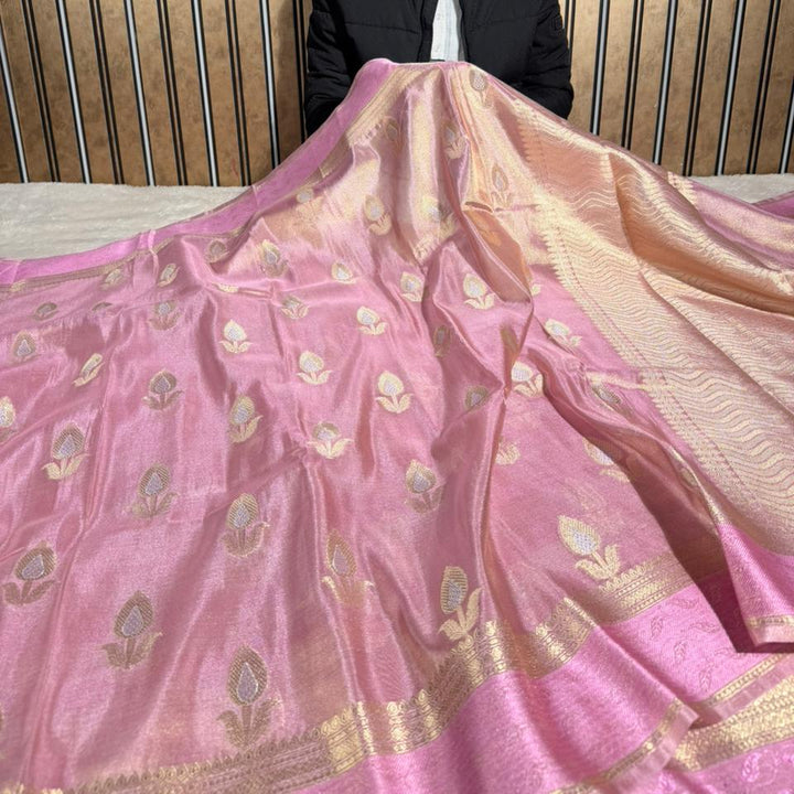 Barbie Pink Breathable Soft Tissue Banarasi Saree