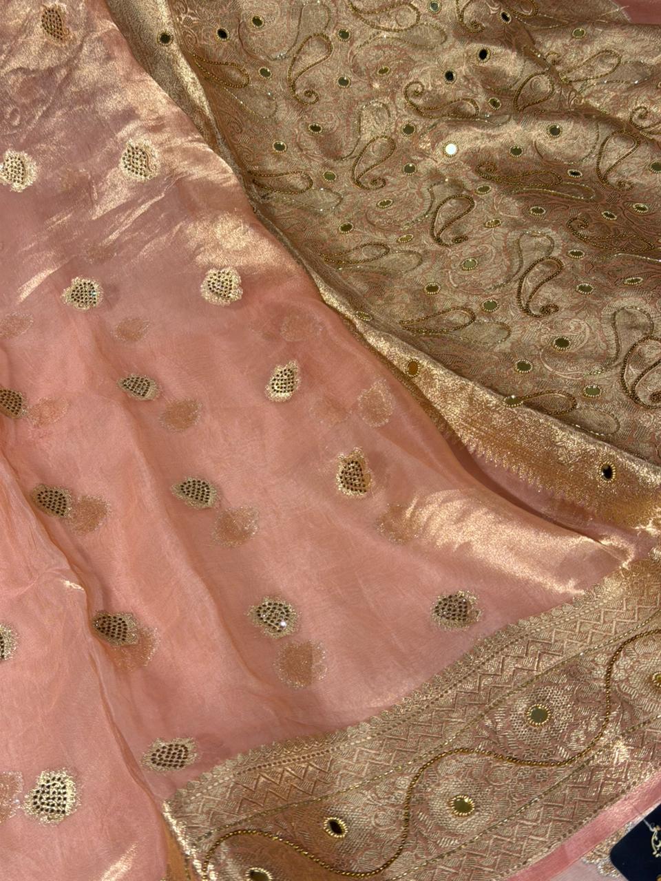 Metallic Peach Pure Tissue Silk Handwork saree 
