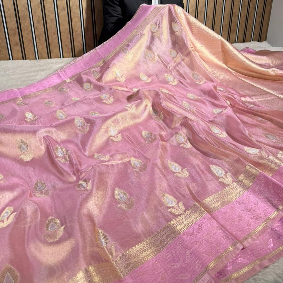 Barbie Pink Breathable Soft Tissue Banarasi Saree