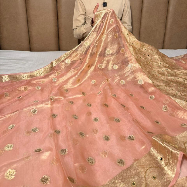 Metallic Peach Pure Tissue Silk Handwork saree 