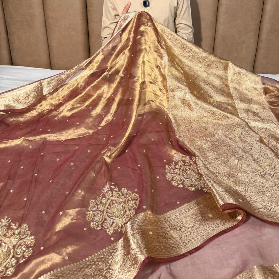 Coffee Brown Pure Tissue Silk Intricate Handwork Saree