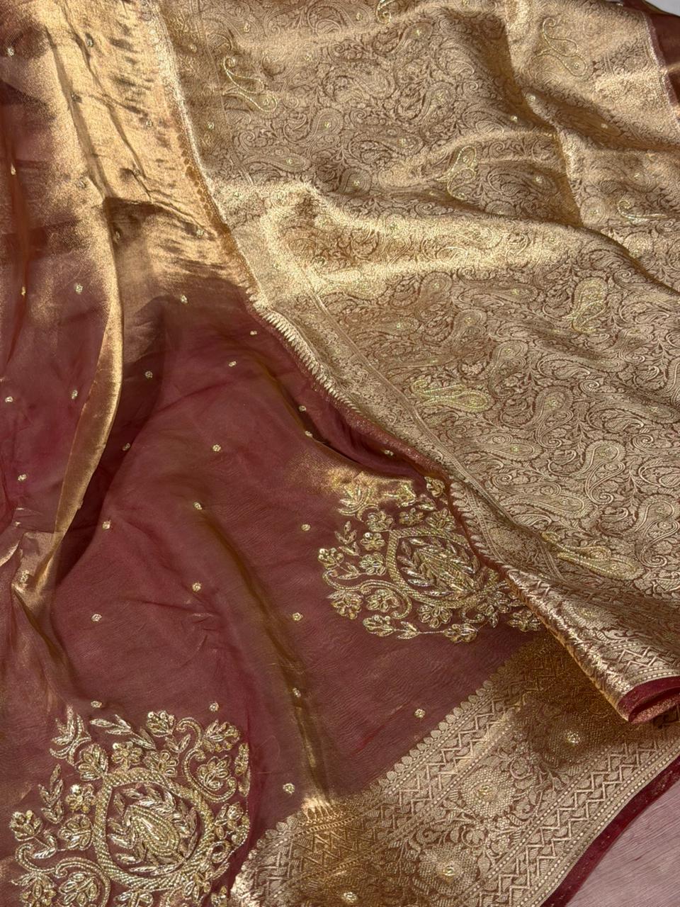 Coffee Brown Pure Tissue Silk Intricate Handwork Saree