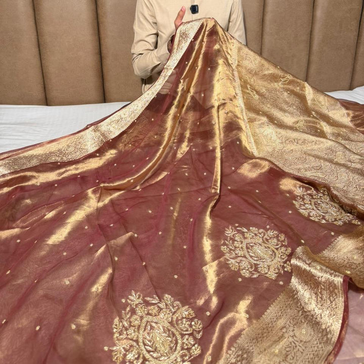 Coffee Brown Pure Tissue Silk Intricate Handwork Saree
