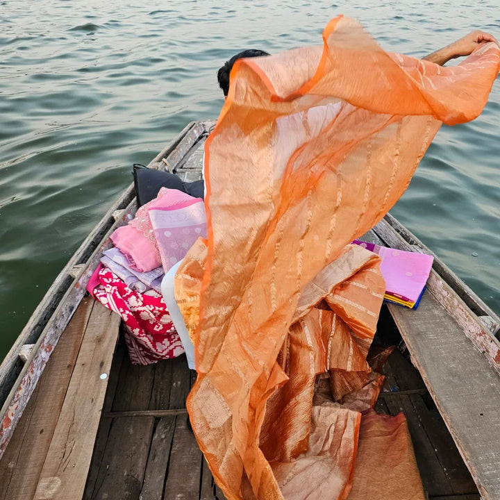 Saffron Colour Tissue Crush Saree