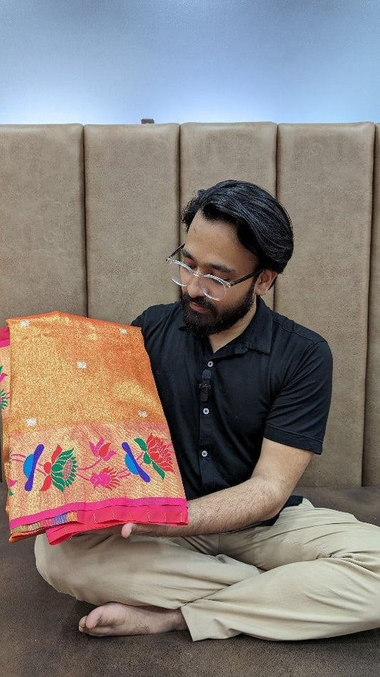 Premium Metallic Orange Colour Tissue Saree with Paithani Border 