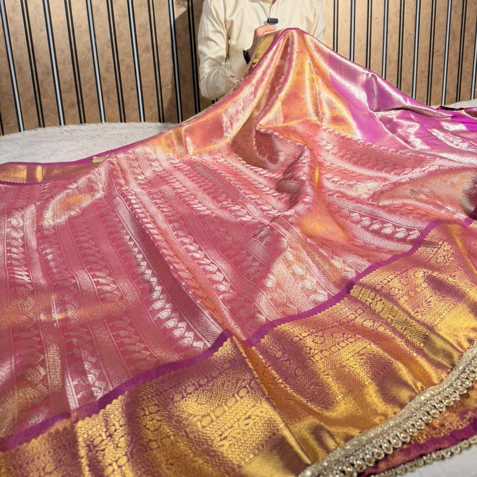 Dual Shaded Kanjivaram Embossed Tissue Saree with Lace Work