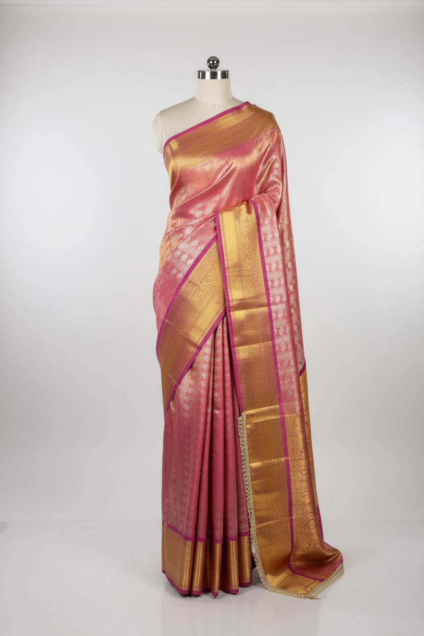 Dual Shaded Kanjivaram Embossed Tissue Saree with Lace Work