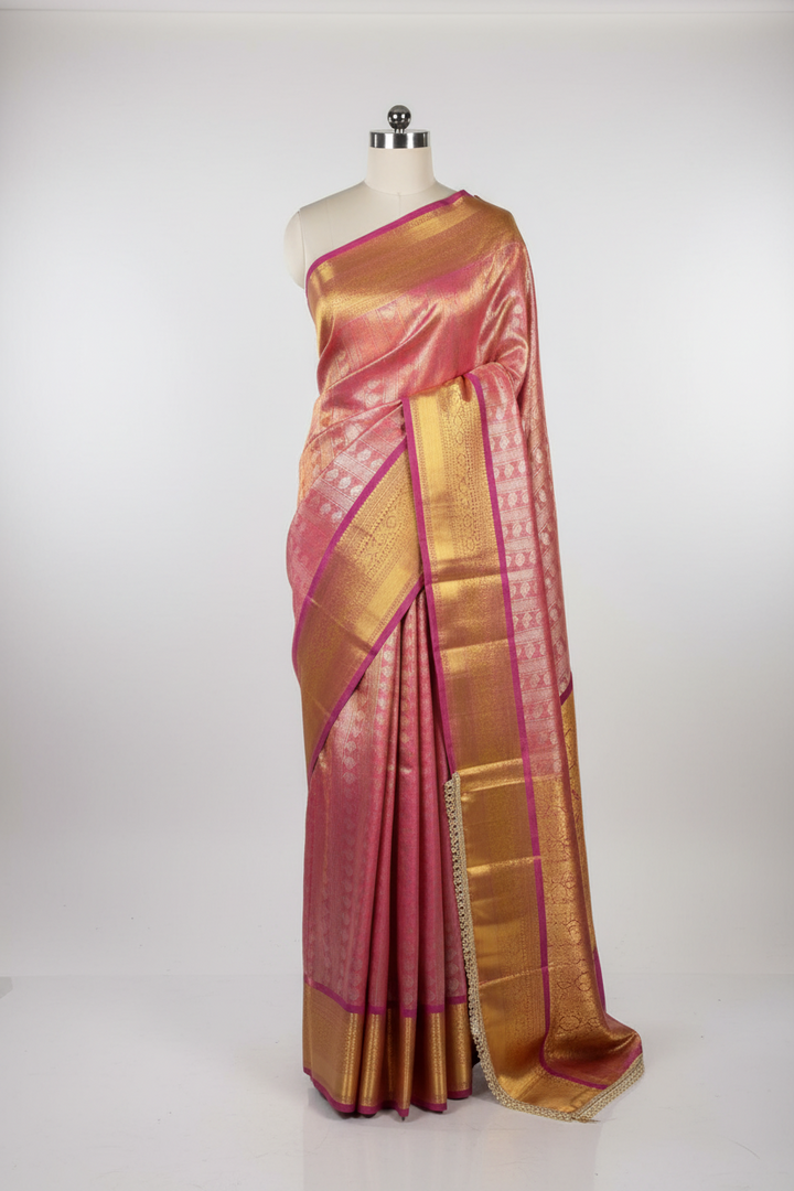Dual Shaded Kanjivaram Embossed Tissue Saree with Lace Work
