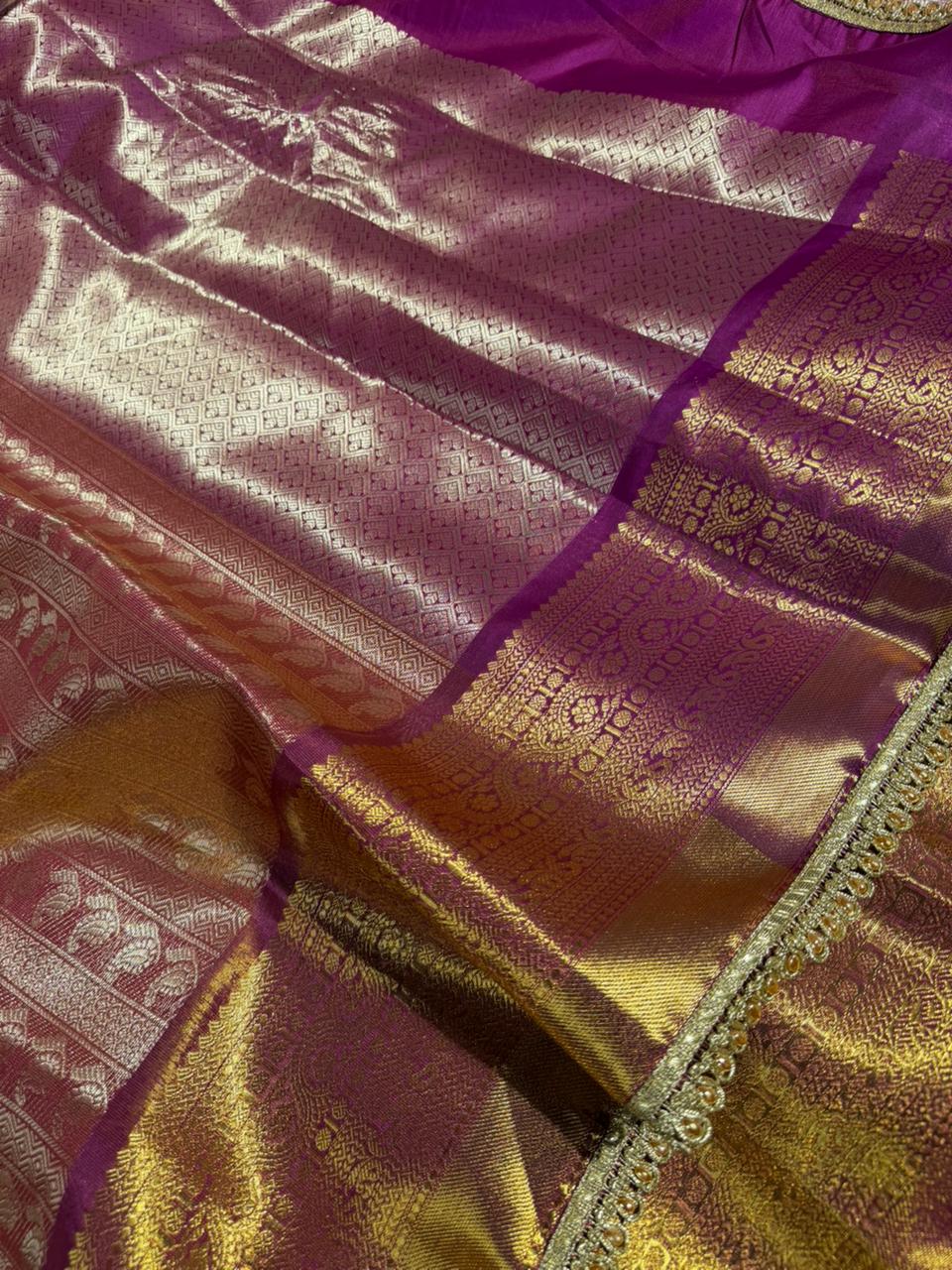 Dual Shaded Kanjivaram Embossed Tissue Saree with Lace Work