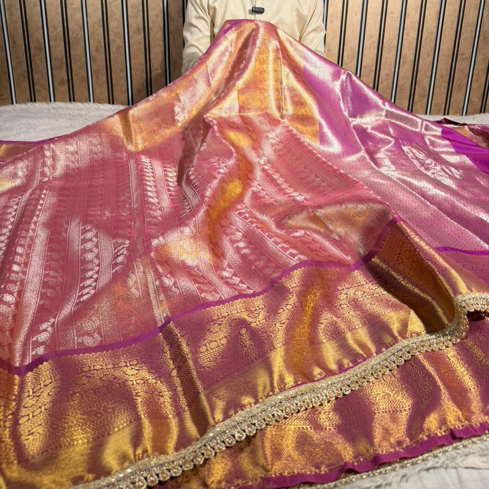 Dual Shaded Kanjivaram Embossed Tissue Saree with Lace Work