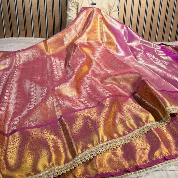 Dual Shaded Kanjivaram Embossed Tissue Saree with Lace Work