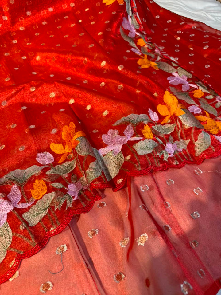 Metallic Red Kora Tissue Crochet Embroided Saree