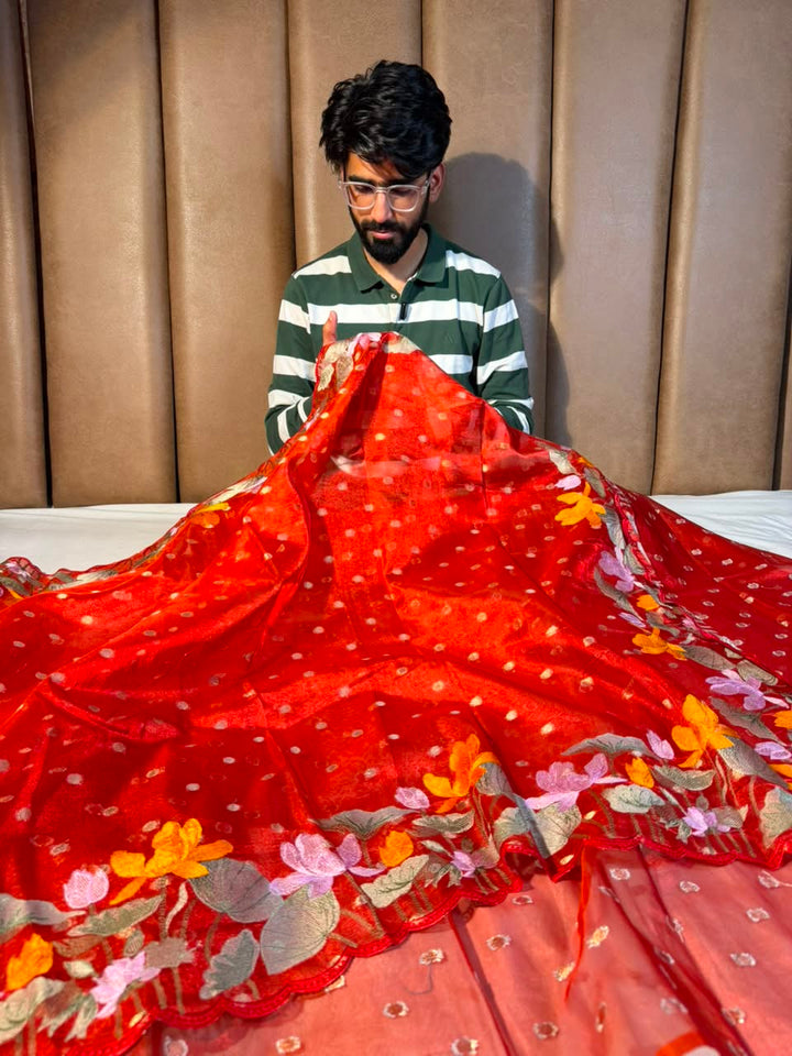 Metallic Red Kora Tissue Crochet Embroided Saree