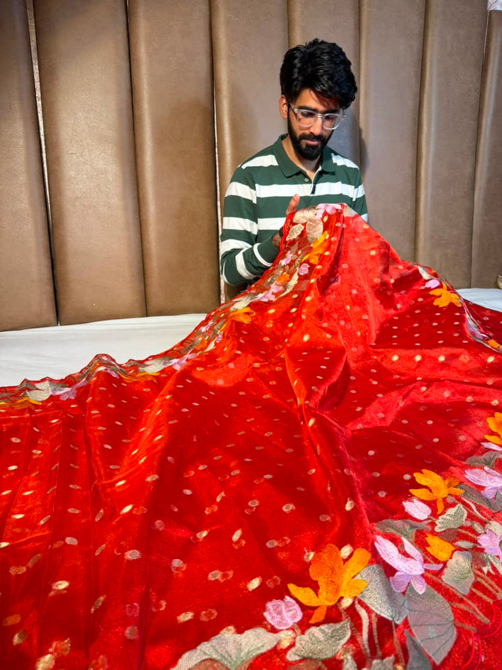 Metallic Red Kora Tissue Crochet Embroided Saree